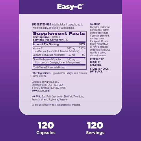 Natrol Easy-C Immune Health, Dietary Supplement, Supports Immune Health with Vitamin C and Bioflavonoids, Veggie Capsules, 500 mg, 120 Count in Kuwait