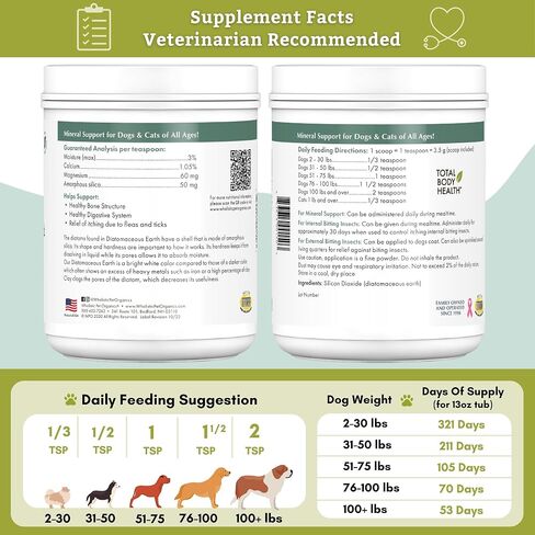 Wholistic Pet Organics DE للكلاب درجة الغذاء العضوي للكلاب - 13 أونصة - سيليكا المياه العذبة الآمنة وغير الكيميائية تعمل على تحسين الصحة العامة in Kuwait