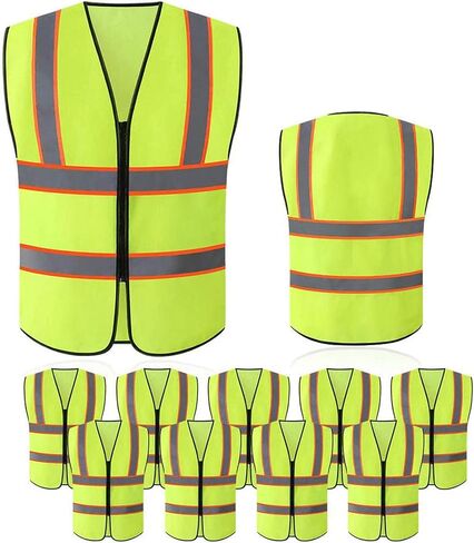 Tekware Safety Vest with High Reflective Strips, Pack of 10 Bright Neon Color Construction Protector with Zipper in Saudi Arabia