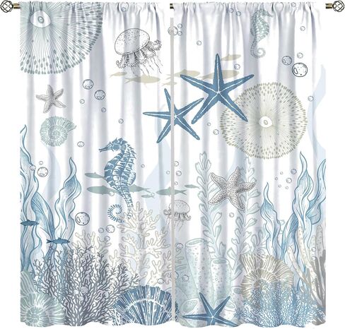 Nautical Coastal Curtains,Nautical Beach Starfish Seashell Blue Curtains Summer Ocean Window Treatment Drapes for Living Room Bedroom 42x45 Inch in Saudi Arabia