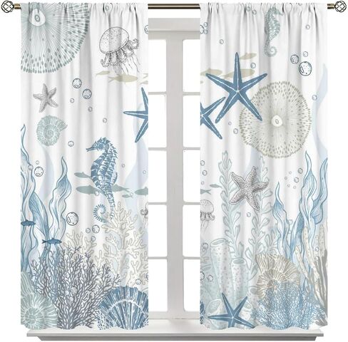 Nautical Coastal Curtains,Nautical Beach Starfish Seashell Blue Curtains Summer Ocean Window Treatment Drapes for Living Room Bedroom 42x45 Inch in Saudi Arabia