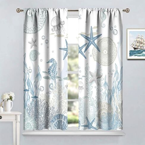 Nautical Coastal Curtains,Nautical Beach Starfish Seashell Blue Curtains Summer Ocean Window Treatment Drapes for Living Room Bedroom 42x45 Inch in Saudi Arabia