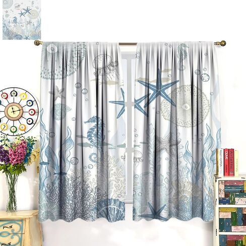 Nautical Coastal Curtains,Nautical Beach Starfish Seashell Blue Curtains Summer Ocean Window Treatment Drapes for Living Room Bedroom 42x45 Inch in Saudi Arabia