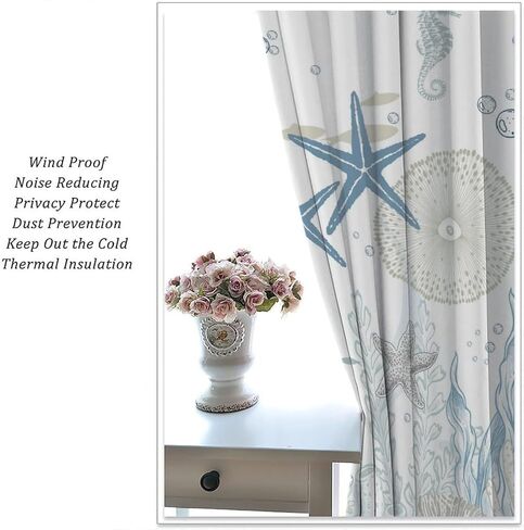 Nautical Coastal Curtains,Nautical Beach Starfish Seashell Blue Curtains Summer Ocean Window Treatment Drapes for Living Room Bedroom 42x45 Inch in Saudi Arabia