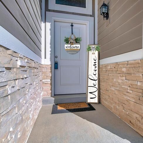 علامة ترحيب للشرفة الأمامية الدائمة 45 بوصة × 9 بوصة ديكور خارجي كبير ريفي عمودي أصغر حجمًا إطار خشبي الشرفة طويل القامة علامات ترحيب للمزرعة خارج ديكورات جدران الباب الأمامي (أبيض أسود) in Kuwait