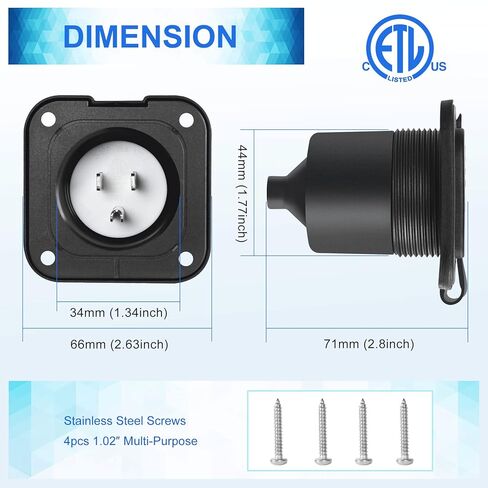 Flanged Inlet ETL Listed 15 Amp RV Plug Receptacle Block Heater Bumper Plug with Waterproof Cover NEMA 5-15 Male Wall Mount for Shore Power Marine Boat Golf Cart Commercial Grade in Saudi Arabia
