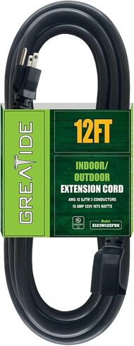 12 Ft Outdoor Extension Cord - 12/3 SJTW Heavy Duty Black Extension Cable with 3 Prong Grounded Plug - Power Cord for Lawn, Garden, Appliances in Saudi Arabia