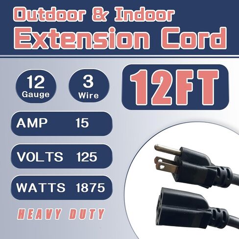 12 Ft Outdoor Extension Cord - 12/3 SJTW Heavy Duty Black Extension Cable with 3 Prong Grounded Plug - Power Cord for Lawn, Garden, Appliances in Saudi Arabia