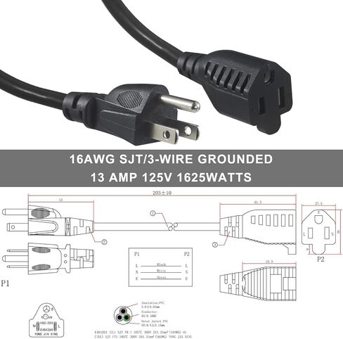 KUNCAN Short Power Extension Cord - 8 Inches 3 Prong Grounded Outlet Saver 16AWG/13A Heavy Duty Power Cord (NEMA 5-15P to NEMA 5-15R) Indoor Use Power Split Plug Extender (Black - 1 Pack) in Saudi Arabia
