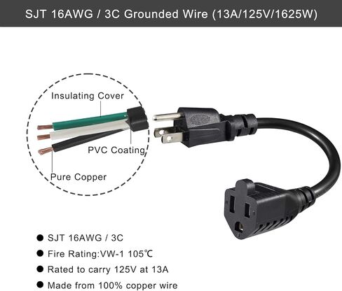 KUNCAN Short Power Extension Cord - 8 Inches 3 Prong Grounded Outlet Saver 16AWG/13A Heavy Duty Power Cord (NEMA 5-15P to NEMA 5-15R) Indoor Use Power Split Plug Extender (Black - 1 Pack) in Saudi Arabia