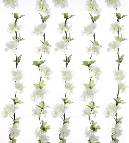 UUPP 2Pcs Artificial Cherry Blossom Flower Garland Silk Fake Hanging Flower Vines for Home Wedding Decoration, 7.2FT(White) in Kuwait