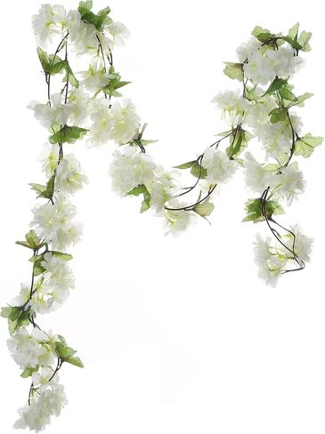 UUPP 2Pcs Artificial Cherry Blossom Flower Garland Silk Fake Hanging Flower Vines for Home Wedding Decoration, 7.2FT(White) in Kuwait