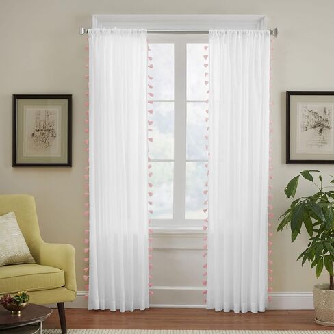 Elrene Home Fashions Bianca Boho ستارة نافذة بجيب قضيب قطني أبيض شبه شفاف مع شرابات جانبية ملونة، 52 بوصة × 84 بوصة، وردي فاتح in Kuwait