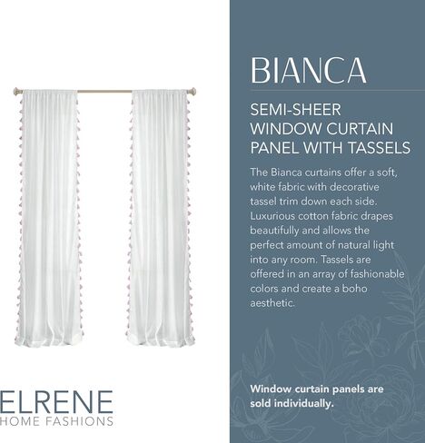 Elrene Home Fashions Bianca Boho ستارة نافذة بجيب قضيب قطني أبيض شبه شفاف مع شرابات جانبية ملونة، 52 بوصة × 84 بوصة، وردي فاتح in Kuwait