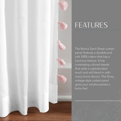 Elrene Home Fashions Bianca Boho ستارة نافذة بجيب قضيب قطني أبيض شبه شفاف مع شرابات جانبية ملونة، 52 بوصة × 84 بوصة، وردي فاتح in Kuwait