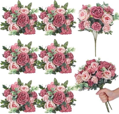 6 Pcs Artificial Peony Silk Florals Fake Mix Silk Peony Rose Faux Flower Hydrangea Bouquet Elegant Realistic Wedding Floral Centerpiece for Home Party Table Arrangement (Champagne with Red) in Saudi Arabia
