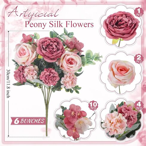 6 Pcs Artificial Peony Silk Florals Fake Mix Silk Peony Rose Faux Flower Hydrangea Bouquet Elegant Realistic Wedding Floral Centerpiece for Home Party Table Arrangement (Champagne with Red) in Saudi Arabia