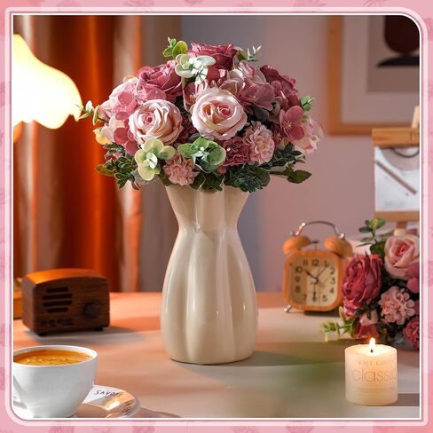 6 Pcs Artificial Peony Silk Florals Fake Mix Silk Peony Rose Faux Flower Hydrangea Bouquet Elegant Realistic Wedding Floral Centerpiece for Home Party Table Arrangement (Champagne with Red) in Saudi Arabia