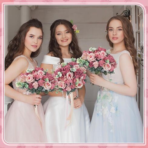 6 Pcs Artificial Peony Silk Florals Fake Mix Silk Peony Rose Faux Flower Hydrangea Bouquet Elegant Realistic Wedding Floral Centerpiece for Home Party Table Arrangement (Champagne with Red) in Saudi Arabia