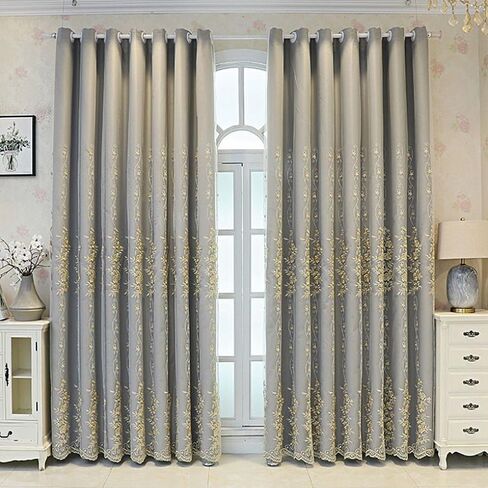 Amidoudou 1 Pair European Double Layer Curtains for Living Room Rose Shaped Embroidered Curtains for Bedroom (Beige,54x84 Inch) in Kuwait