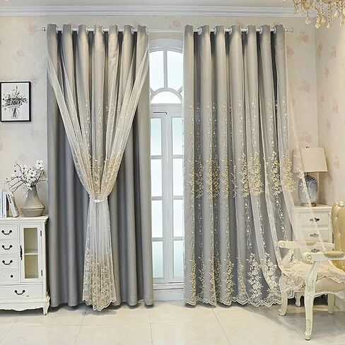 Amidoudou 1 Pair European Double Layer Curtains for Living Room Rose Shaped Embroidered Curtains for Bedroom (Beige,54x84 Inch) in Kuwait