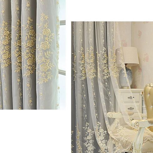 Amidoudou 1 Pair European Double Layer Curtains for Living Room Rose Shaped Embroidered Curtains for Bedroom (Beige,54x84 Inch) in Kuwait