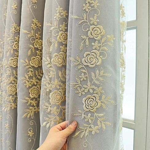 Amidoudou 1 Pair European Double Layer Curtains for Living Room Rose Shaped Embroidered Curtains for Bedroom (Beige,54x84 Inch) in Kuwait