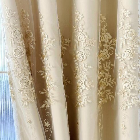 Amidoudou 1 Pair European Double Layer Curtains for Living Room Rose Shaped Embroidered Curtains for Bedroom (Beige,54x84 Inch) in Kuwait