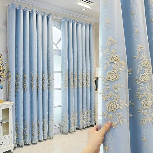 Amidoudou 1 Pair European Double Layer Curtains for Living Room Rose Shaped Embroidered Curtains for Bedroom (Beige,54x84 Inch) in Kuwait