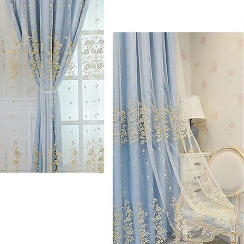 Amidoudou 1 Pair European Double Layer Curtains for Living Room Rose Shaped Embroidered Curtains for Bedroom (Beige,54x84 Inch) in Kuwait