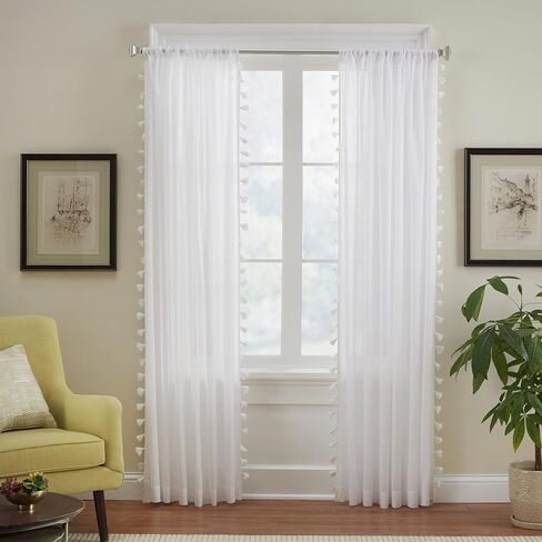 Elrene Home Fashions Bianca Boho ستارة نافذة بجيب قضيب قطني أبيض شبه شفاف مع شرابات جانبية ملونة، 52 بوصة × 84 بوصة، وردي فاتح in Kuwait