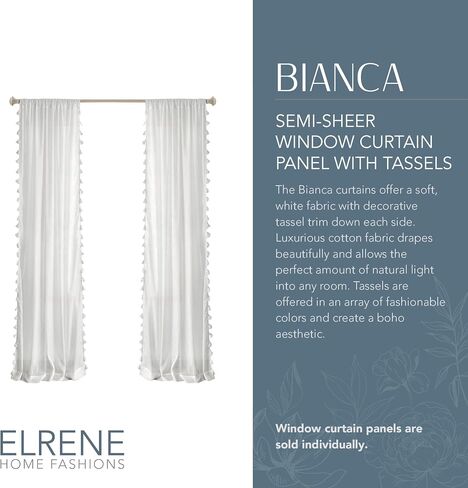Elrene Home Fashions Bianca Boho ستارة نافذة بجيب قضيب قطني أبيض شبه شفاف مع شرابات جانبية ملونة، 52 بوصة × 84 بوصة، وردي فاتح in Kuwait