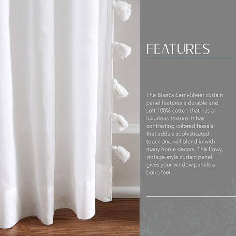 Elrene Home Fashions Bianca Boho ستارة نافذة بجيب قضيب قطني أبيض شبه شفاف مع شرابات جانبية ملونة، 52 بوصة × 84 بوصة، وردي فاتح in Kuwait