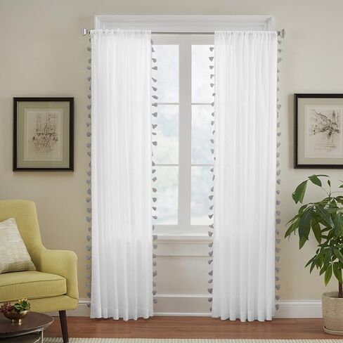 Elrene Home Fashions Bianca Boho ستارة نافذة بجيب قضيب قطني أبيض شبه شفاف مع شرابات جانبية ملونة، 52 بوصة × 84 بوصة، وردي فاتح in Kuwait