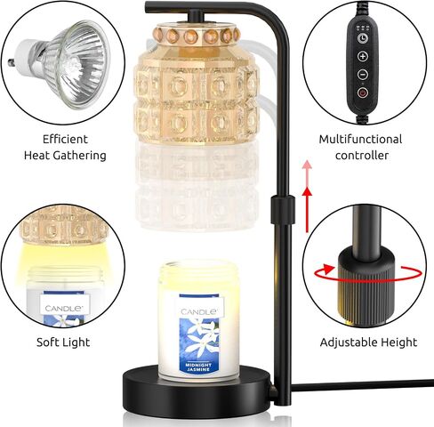 REIDEA Candle Warmer Lamp with Timer & Dimmer, Adjustable Height for for Large 3 Wicks Jar Scented Candles (Up to D-4 / H-5.5 inches), Safe and efficient, Gray Glass Shade, Obsidian Black in Saudi Arabia
