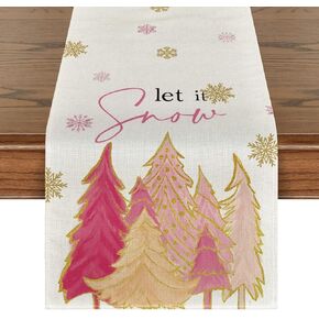 Artoid Mode Pink Christmas Tree Let It Snow Snowflake Table Runner, Seasonal Winter Kitchen Dining Table Decoration for Home Party Outdoor 13x72 Inch