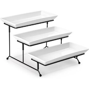 MALACASA 3 Tier Serving Tray, Porcelain Tiered Tray Stand, 12 Inch Ceramic Serving Platter with Collapsible Sturdier Rack, Dessert Wihte, Series PLAT