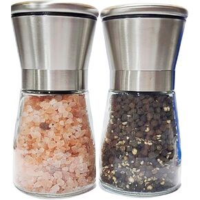 2 Packs Salt and Pepper Mills Brushed Stainless Steel Salt and Pepper Grinder Set(Pack of 2) with Adjustable Ceramic Coarseness Grinder and Glass Body- Salt and Pepper Shakers