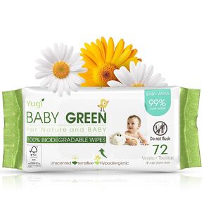 Yugi Baby Green Wipes Unscented Compostable Biodegradable and Organic– Value Pack (12 Packs of 72) 864 for Sensitive Skin & Nose