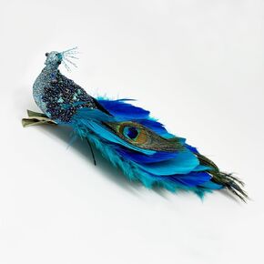 LWINGFLYER Peacock Clip on Ornaments Glitter Artificial Feathered Birds for Christmas Tree Decoration Wedding Home Decor Arts and Crafts - Teal Blue Green Colored (1PCS)