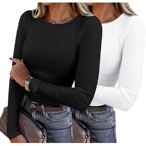 2 Pack Long Sleeve Shirts for Women Crew Neck Thermal Shirts Ribbed Knit Slim Fit T Shirt Basic Tee Tops