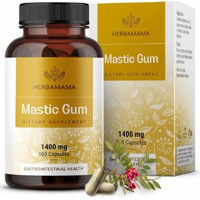 HERBAMAMA Mastic Gum Capsules - 1400 mg Mastic Gum Gut Health Supplement - Promotes Digestive Health Support - Vegan, Non-GMO - 100 Caps