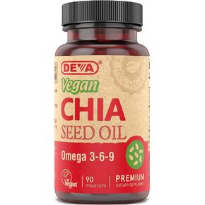 DEVA Vegan Vitamins Chia Seed Oil, Packed with Omega 3, 6, 9 & Other Essential Fatty Acids, Cold-Pressed & Unrefined, 90 Capsules