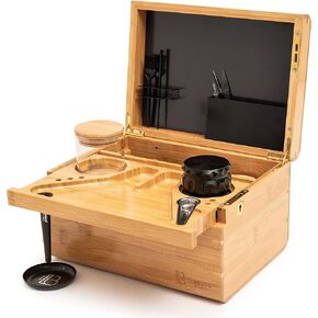 Blue Bus Large Bamboo Box with Lid and Tray - Decorative Wooden Storage Box with Lock for Keepsakes - Eco-Friendly Bamboo Box with Glass Jars (10.8" L x 7.87" W x 6" H) (Black)