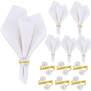 Cloth Napkins and Napkin Rings Set of 12, 6 Fabric Table Napkins and 6 Napkin Holders for Wedding Birthday Baby Shower Table Decor, White 17 * 17inch