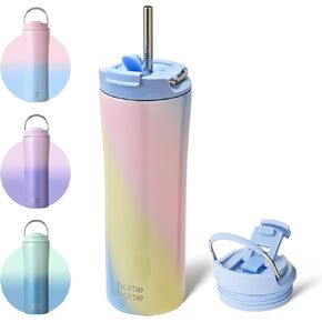 BOTTLE BOTTLE Insulated Coffee Tumblers with Dual-use Lid and Straw Double Walled Iced Travel Coffee Mug for Woman and Man 18 oz Stainless Steel Tumbler with Handle(Pink Blue