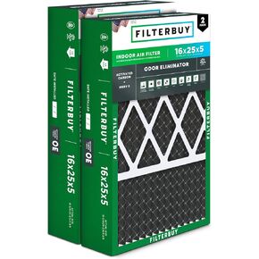 Filterbuy 16x25x5 Air Filter MERV 8 Odor Eliminator (2-Pack), Pleated HVAC AC Furnace Air Filters w/Activated Carbon for Honeywell, Lennox, Carrier, & More (Actual Size: 15.75 x 24.75 x 4.38 Inches)