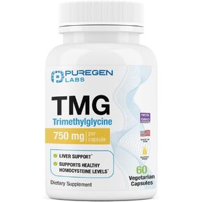 Puregen Labs TMG 750 mg – Trimethylglycine Supplement – Encourages Healthy Homocysteine Levels, Non-GMO, NO Gluten and Dairy | Made in USA - 60 Vegetarian Capsules