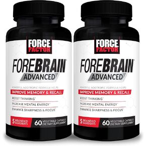 FORCE FACTOR Forebrain Advanced Brain Booster, Brain Supplement for Memory Support, Concentration, Focus, Thinking, and Mental Energy, Made with Powerful Ingredients That Work Fast, 60 Capsules