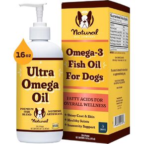Natural Dog Company Ultra Omega 3 Fish Oil for Dogs 16oz | Supplement for Shedding, Allergy, Itch Relief | Supports Dry Skin, Joints | Omega 6 & 9 Fish Oil Liquid with Pump | Salmon, Pollock Flax Oil